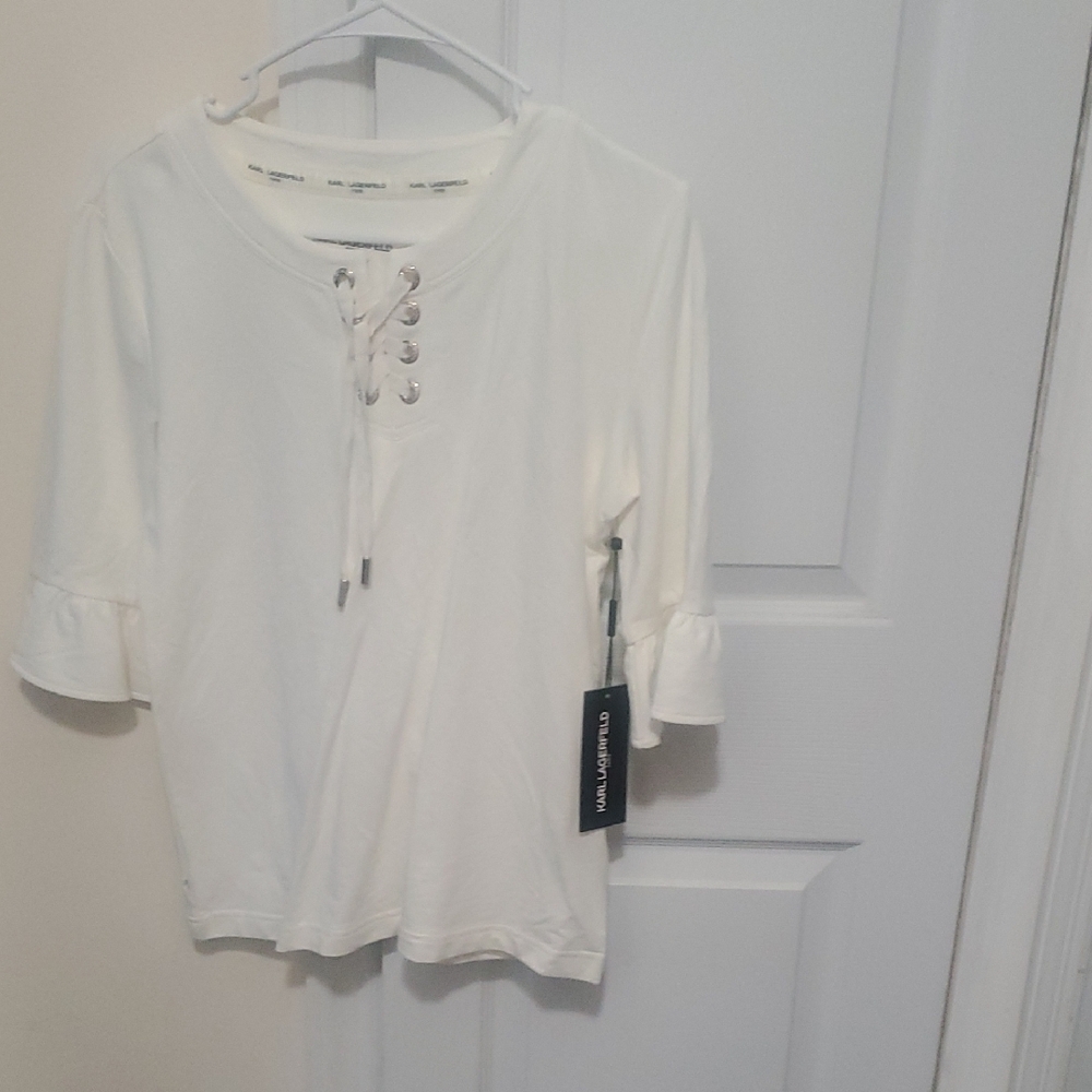 Karl Lagerfeld Cream 3/4 Sleeve Tie Front Ruffled Blouse